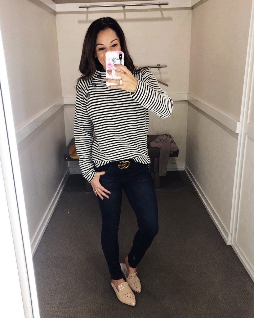 Stripe Buttoned Mock Neck Sweatshirt