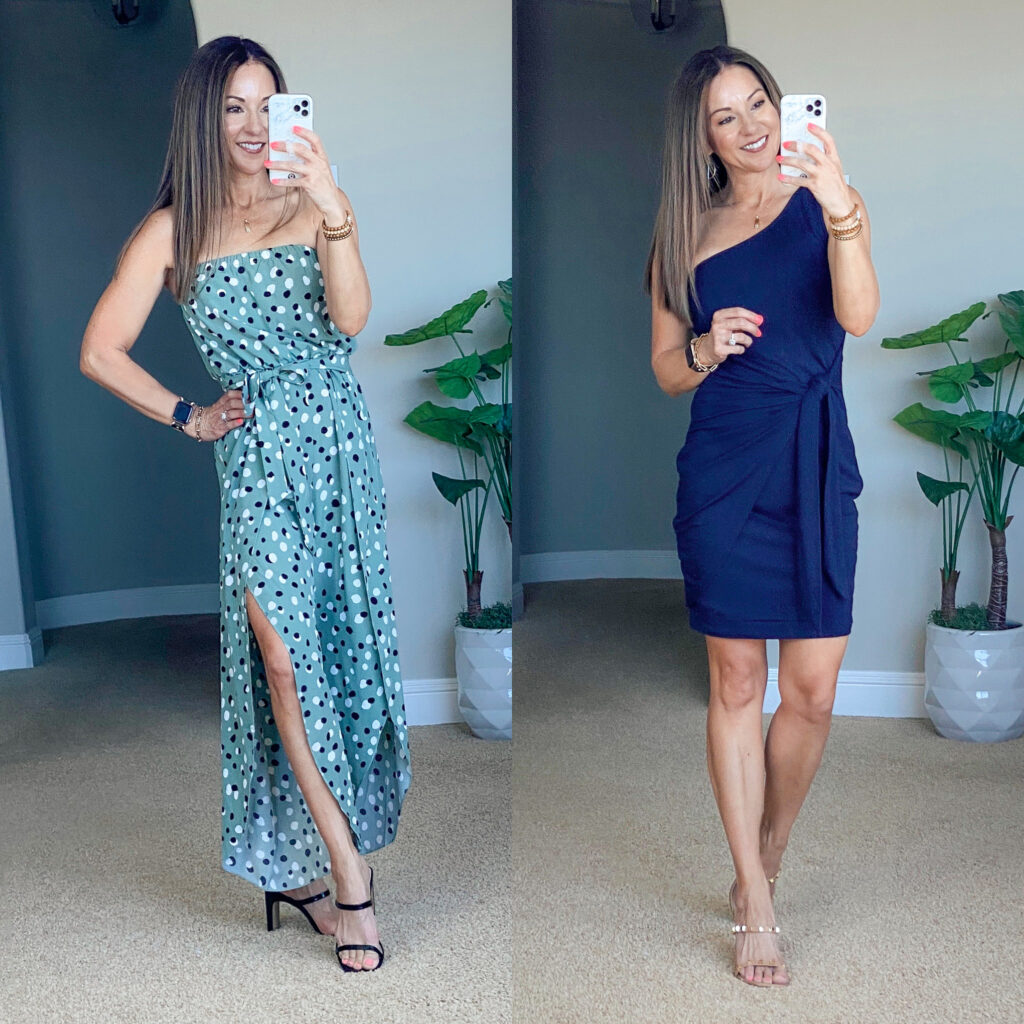 Affordable Summer jumpsuit and one-shoulder dress perfect for petites moms over 40 