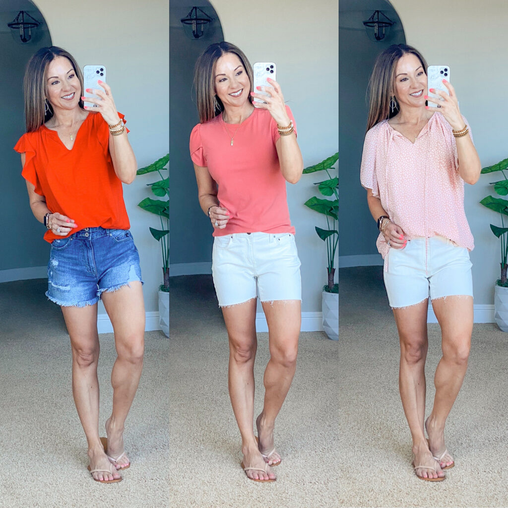 Affordable Summer outfits perfect for petites moms over 40 from Amazon, cute summer tops with statement sleeves and denim shorts
