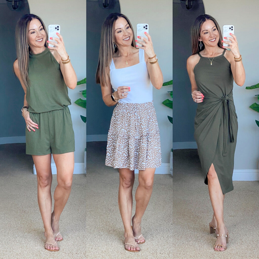 Affordable Summer outfits perfect for petites moms over 40, romper, skirt and bodysuit, versatile midi dress