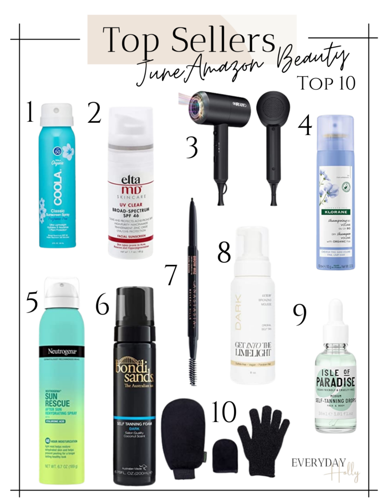 Amazon top 10 beauty favorites from June! sunscreen // face sunscreen // after sun care // dry shampoo // self tanner // hair dryer // brow pencil
