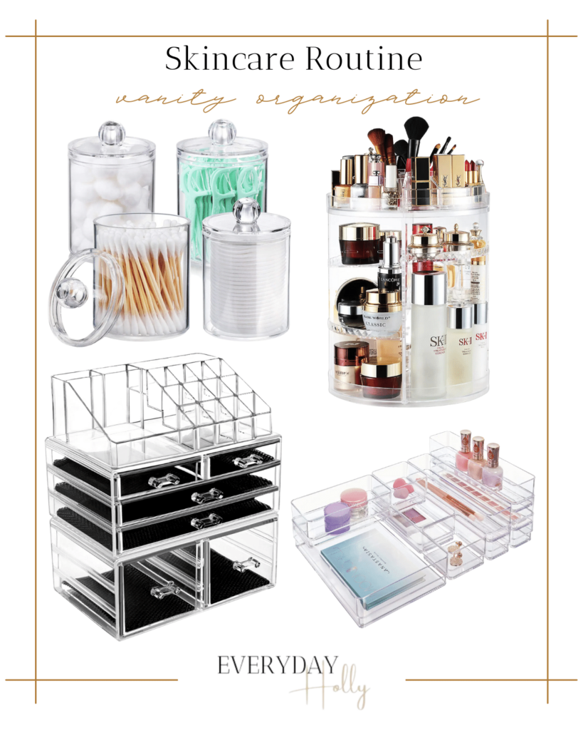 vanity organization, acrylic containers, acrylic vanity organizers, acrylic containers, vanity carousel storage, makeup organizer, multi-level acrylic makeup organizer, drawer organizers, vanity drawer organizers 