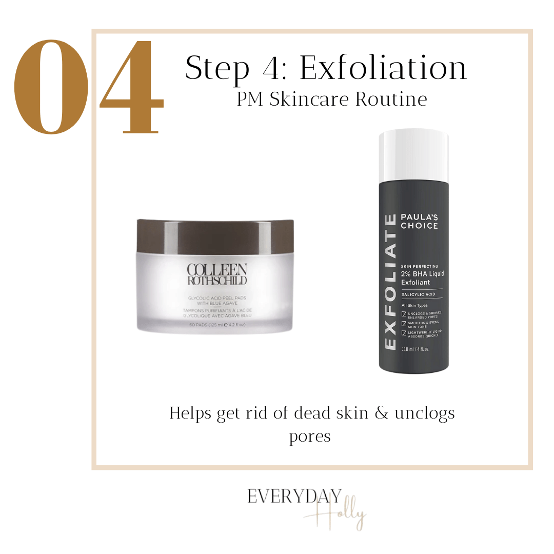 step by step night time routine, step four, exfoliation, exfoliant, colleen rothschild glycolic acid peel pads with blue agave, paula's choice exfoliant 
