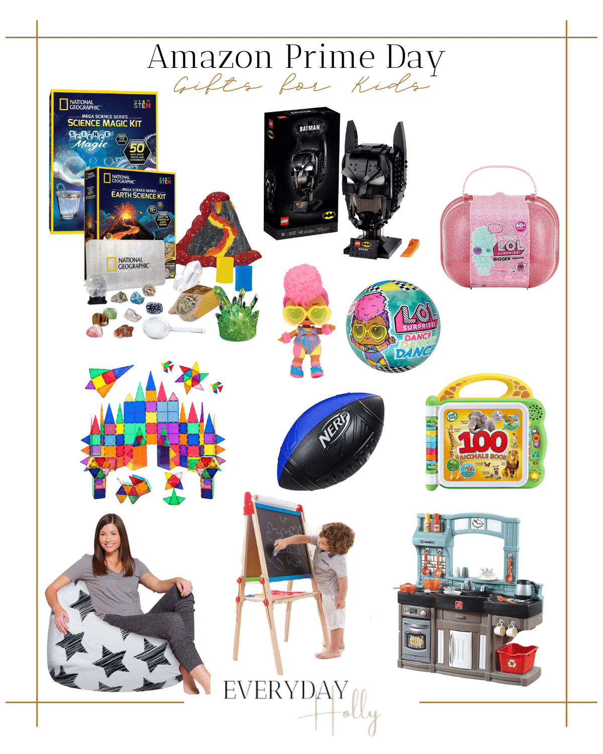 amazon gifts for kids, science magic kit, science volcano & rock kit, lego batman, LOL surpise case, LOL dancing doll, magnetic colored tiles, nerf football, 100 animals book, bean bag, chalk board, kids kitchen play set 