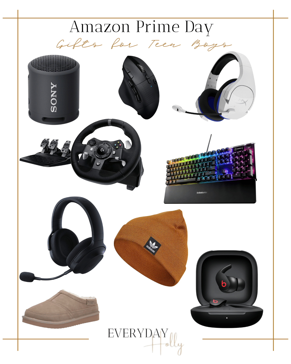 amazon gifts for teen boys, sony speaker, gaming mouse, video game wireless gaming headset, driving wheel & push pedals, gaming keyboard, gaming headset, adidas beanie, ugg slippers, beats headphones 