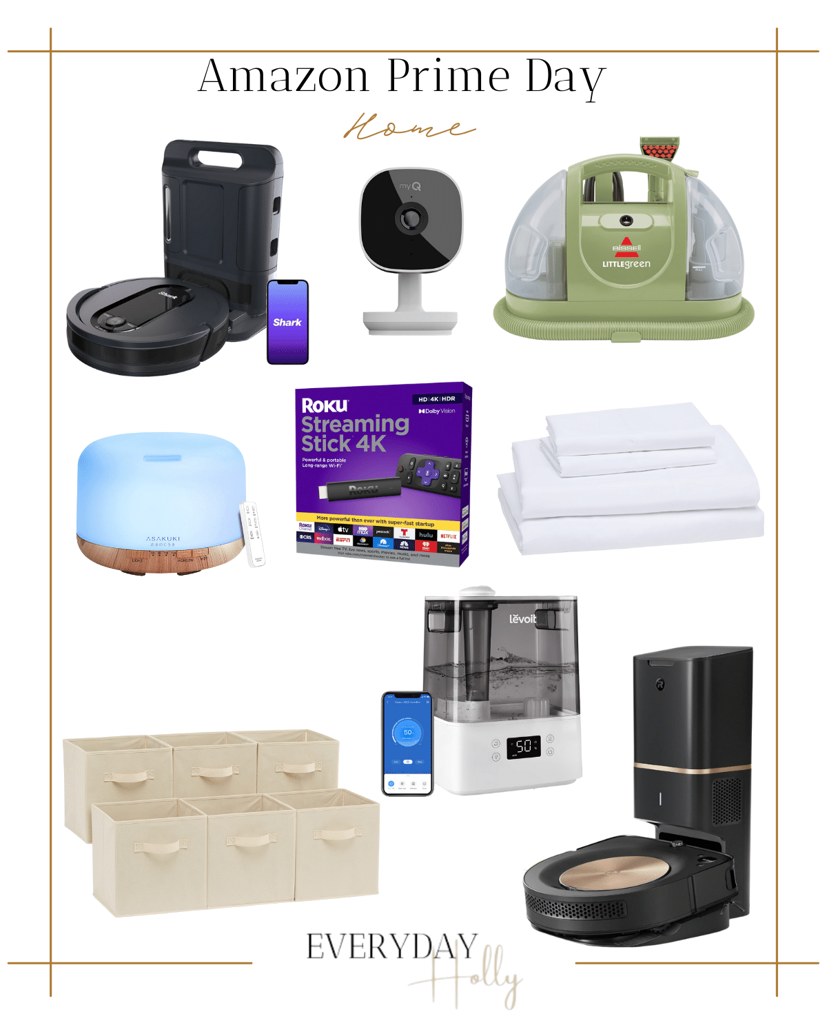 amazon home items, shark robot vacuum, smart garage camera, bissell carpet cleaner, oil diffuser, roku streaming stick, white bed sheets, foldable storage clothing bins, humidifier, 