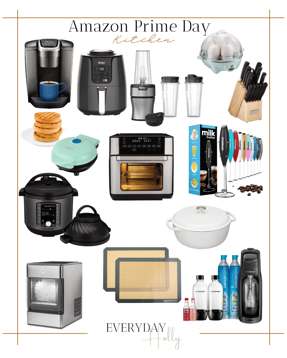 amazon kitchen items, keurig coffee machine, ninja air fryer, blenders, egg cooker, knife set, waffle amker, convection oven, milk frother, instant pot, dutch oven cast iron, ice machine, food mats, sparkling water machine 