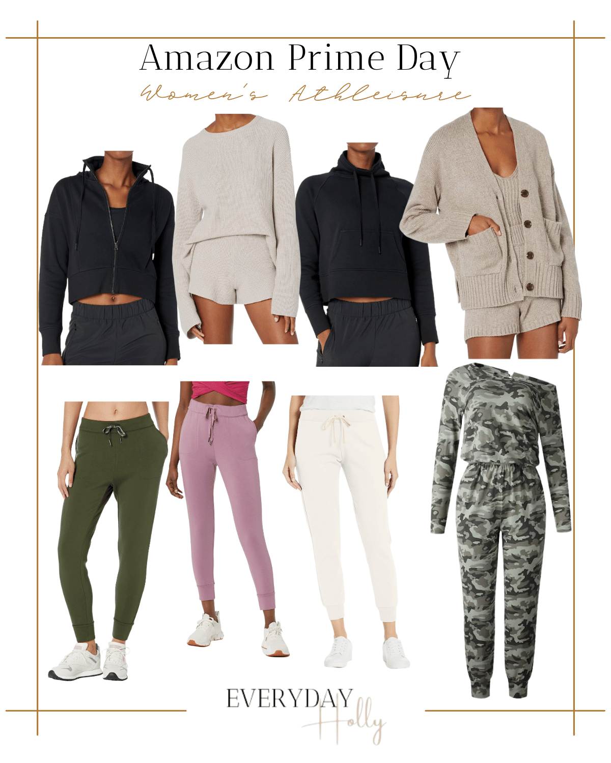 amazon womens athleisure wear, black zip up jacket, cream sweater, black cropped hoodie, beige button cardigan, green joggers, pink joggers, cream joggers, camo lounge jumpsuit 