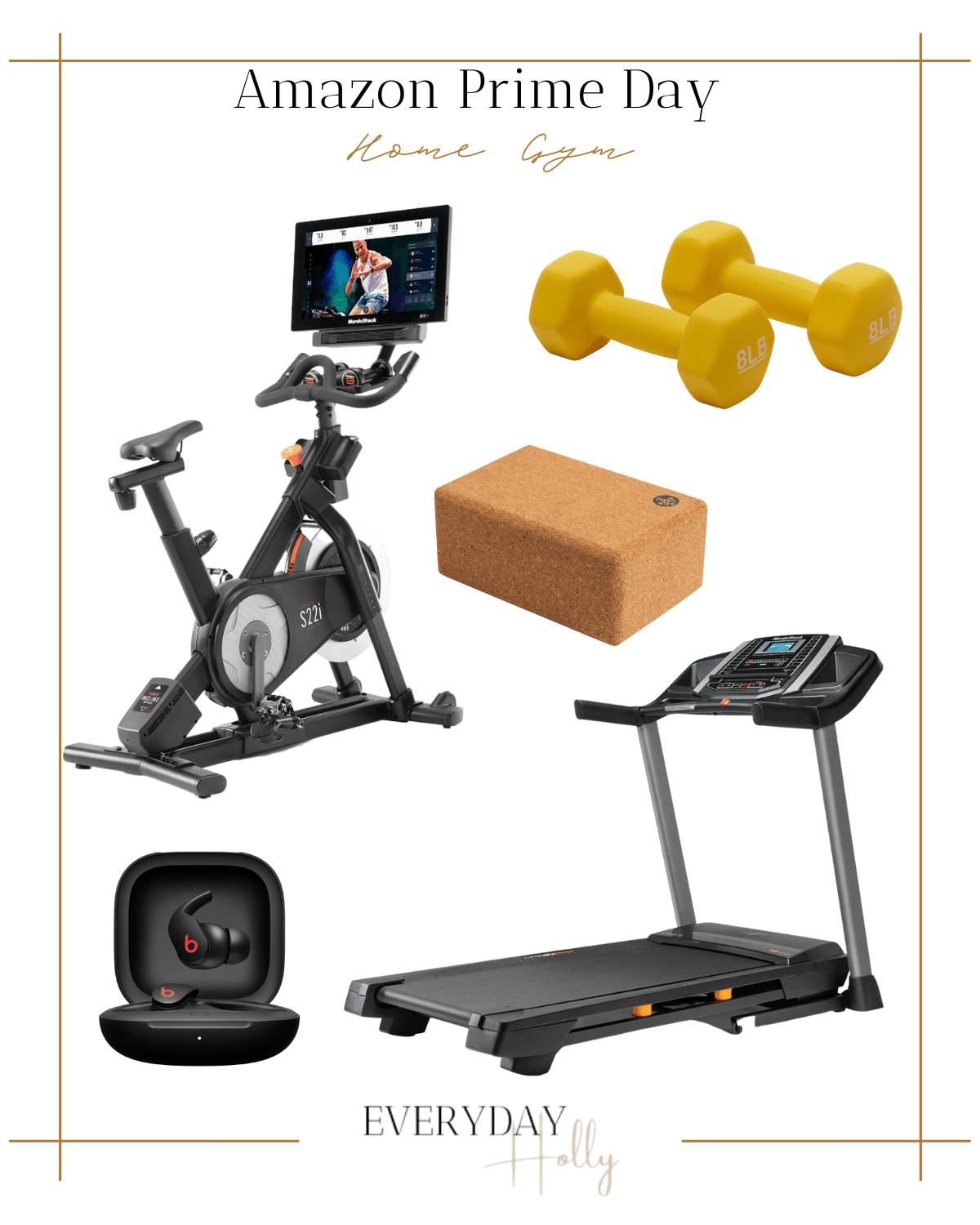 amazon home gym items, smart bike with tv screen, dumbbells, yoga block, beats headphones, treadmill 