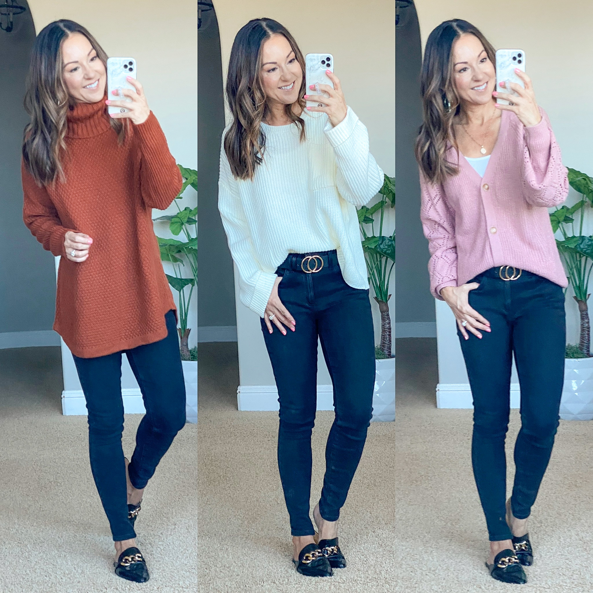 orange turtleneck sweater, black jeans, black skinny jeans, black mule loafers with gold chain on top, white long sleeve over sized sweater, pink button up large sleeve cardigan, black belt with gold loop buckle