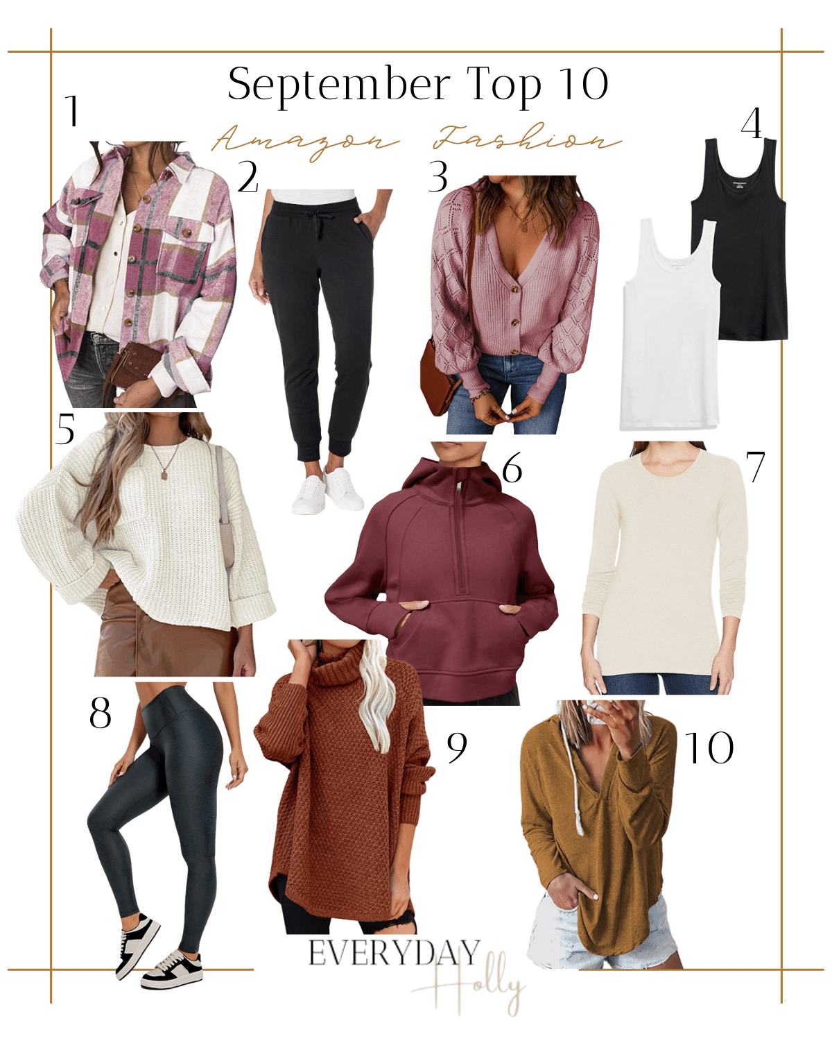 amazon fashion top 10, september top 10 fashion items, pink plaid shacket, black joggers, pink button up long sleeve cardigan, black & white tank, ivory long sleeve oversized sweater, burgundy half zip pullover jacket, tan long sleeve shirt, faux leather leggings, burnt orange turtleneck sweater, khaki v neck drawstring jacket top 