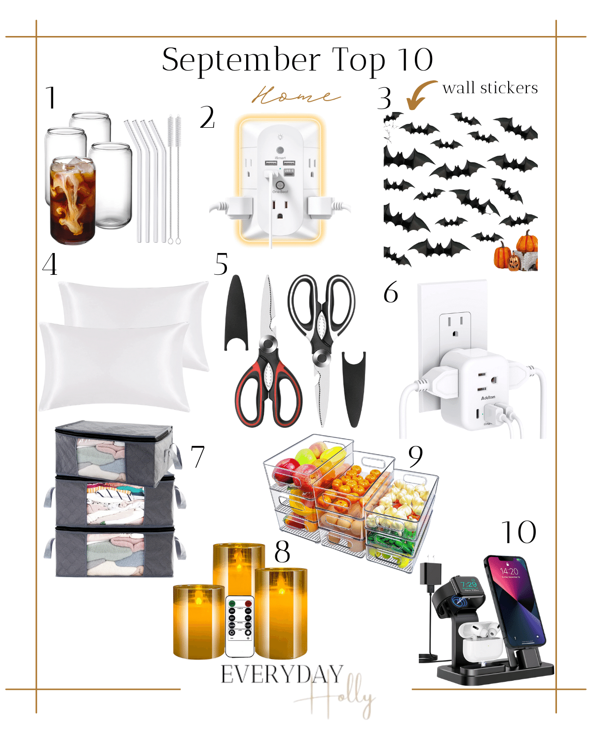 glass cups with straws, surge protector with multiple charging ports, bar wall stickers, silk pillow cases, heavy duty food scissors, multiplug outlet, closet storage bins, acrylic fridge storage containers, fridge organization, LED flameless candles, 3 in 1 charging station 