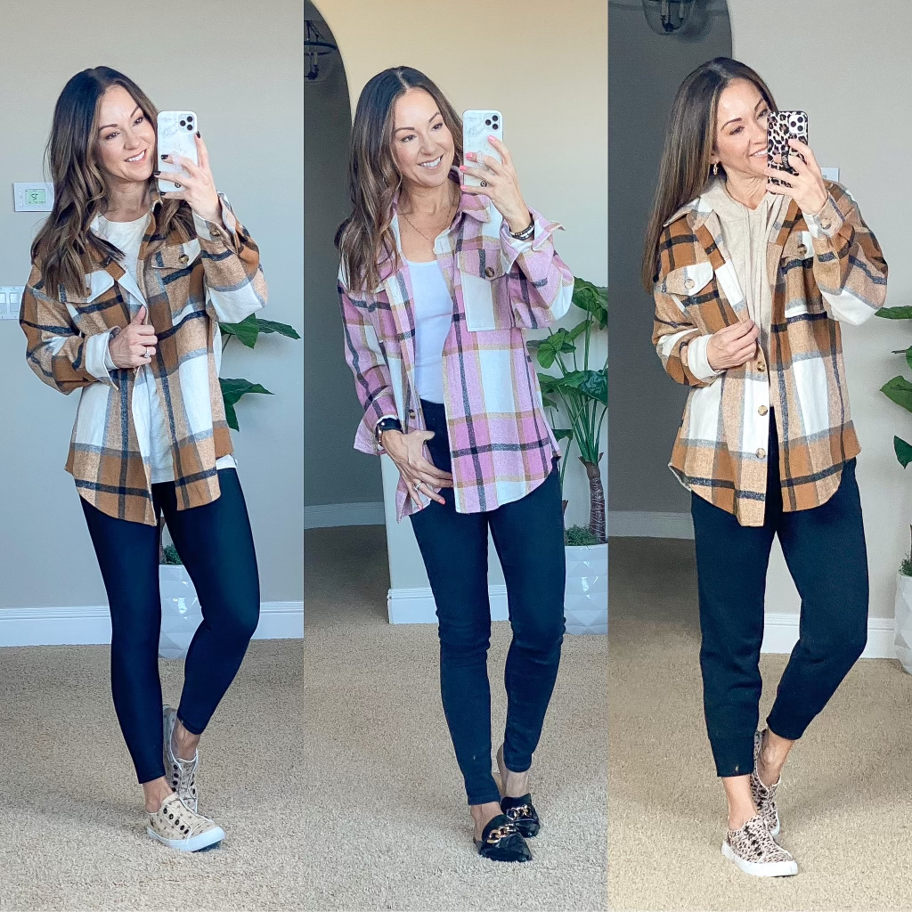 fall fashion try on images, orange & white plaid shacket, white tee, fleece lined leggings, cream with stars sneakers, pink plaid shacket, black skinny jeans, black & gold chain mules, black joggers, cheetah print sneakers 