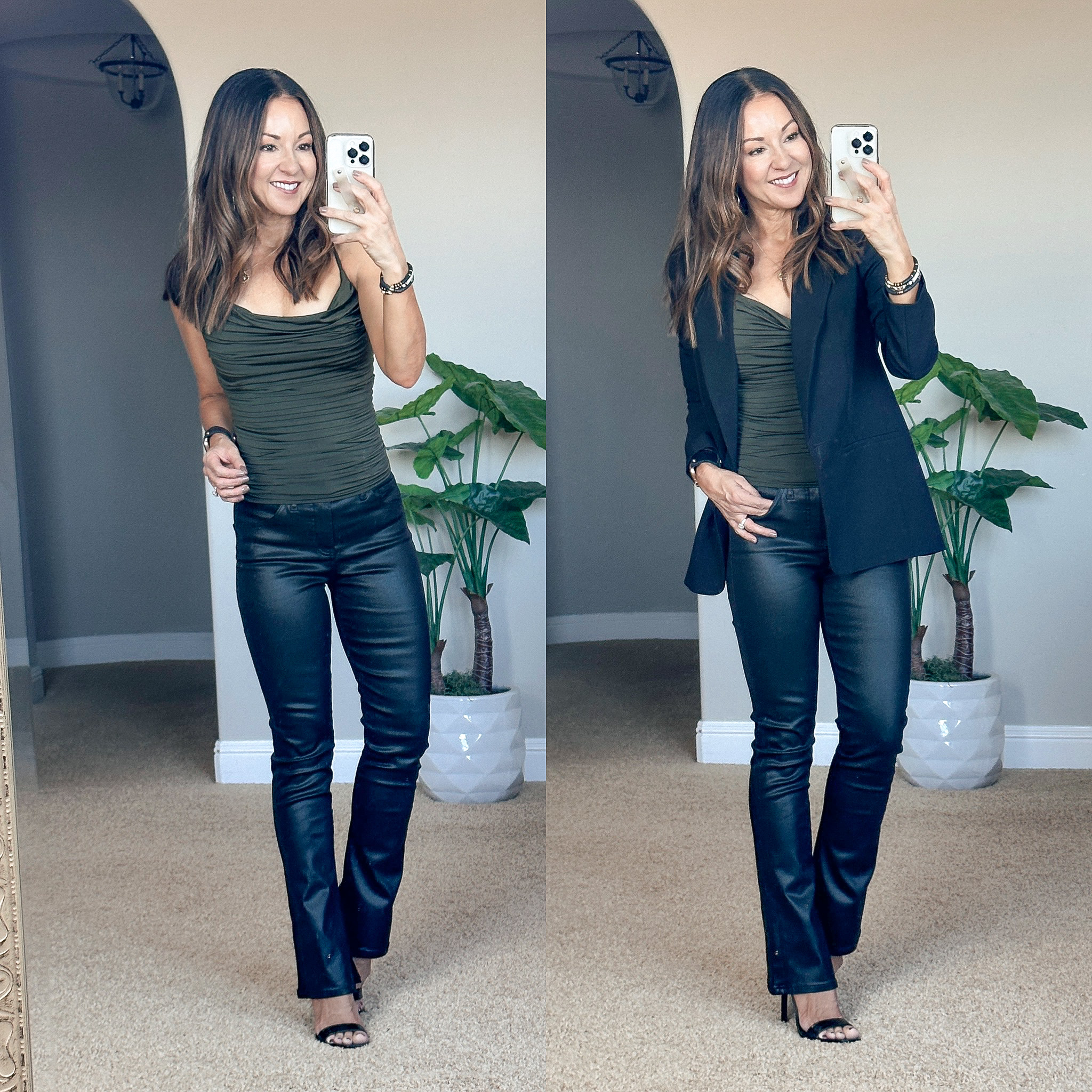 green ruched tank, black blazer, black coated skyscraper jeans, black strap heels 