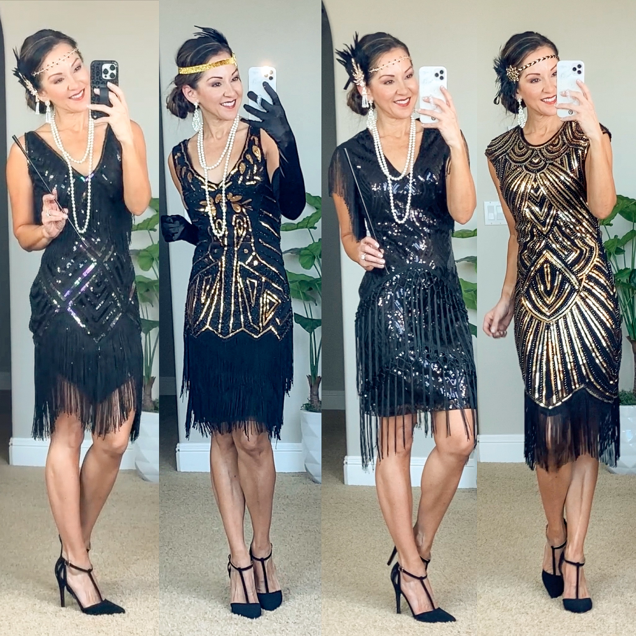 roaring 20's, great gatsby themed fashion, flapper dresses, black fringe dresses, jewelry accessories