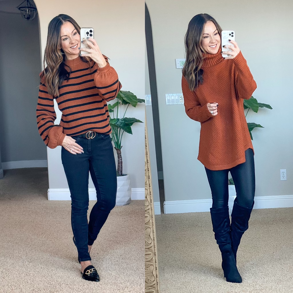 october fashion try on images, orange & black striped sweater, black skinny jeans, black belt with gold loop buckle, black & gold chain mules, orange turtleneck sweater, faux leather leggings, black slouchy boots