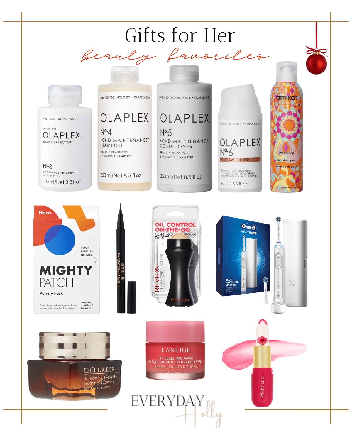 beauty favorites, gift guide, hair care, olaplex number 3-6, dry shampoo, mighty pimple patches, stila eyeliner, oil control stick, oral b toothbrush, eye cream, lip mask, petal lip balm 