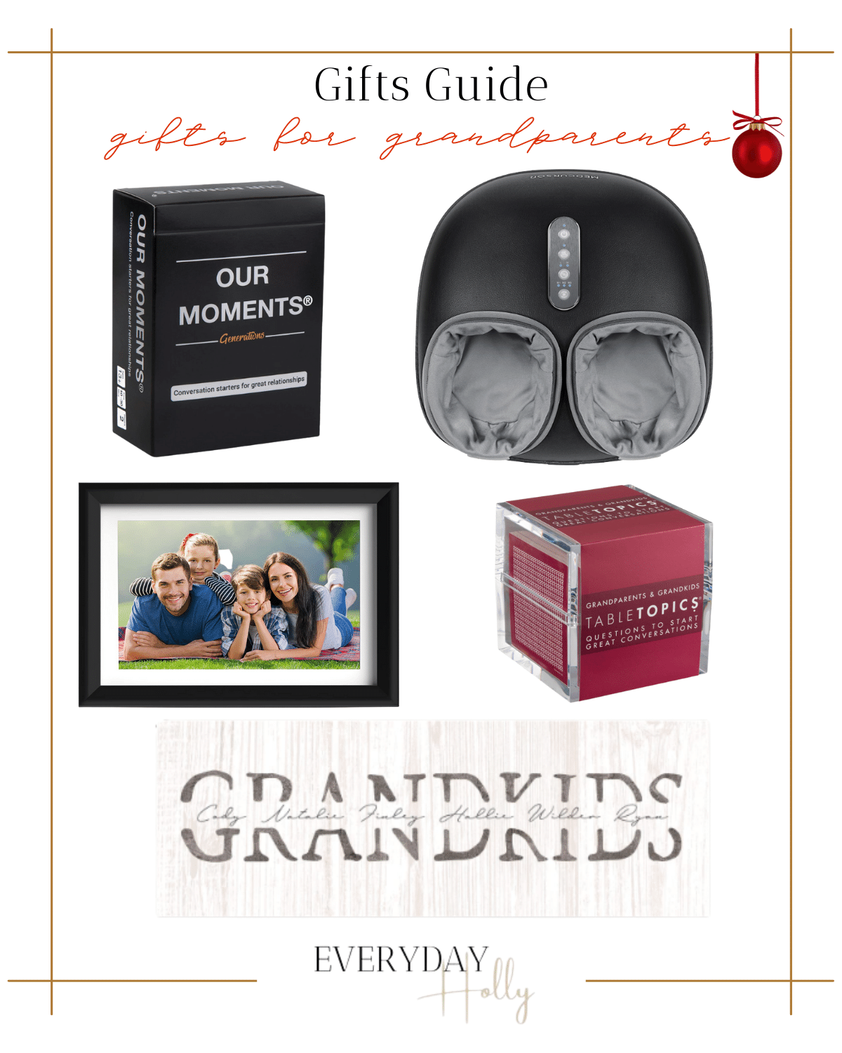 gift guide for grandparents, gifting ideas, conversation starting card game, foot massager, picture frame, customizable wall art with grandkids names 