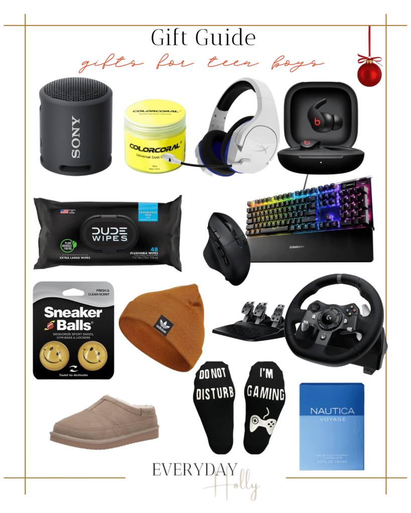 gifts for teen boys, sony speaker, gaming essentials, headsets, gaming keyboard, beats headphones, dude wipes, adidas beanie, ugg slippers, nautica cologne