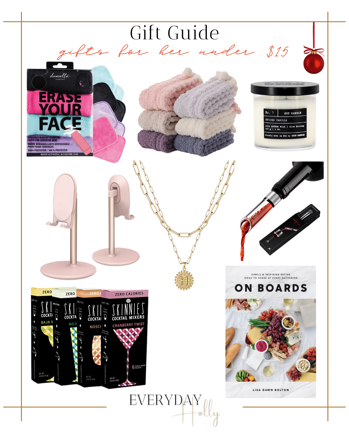 makeup removing face clothes, fuzzy socks, candle, phone stand, initial necklace, wine aerator, skinny cocktail mixers, on board cookbook, christmas gift ideas for under $15