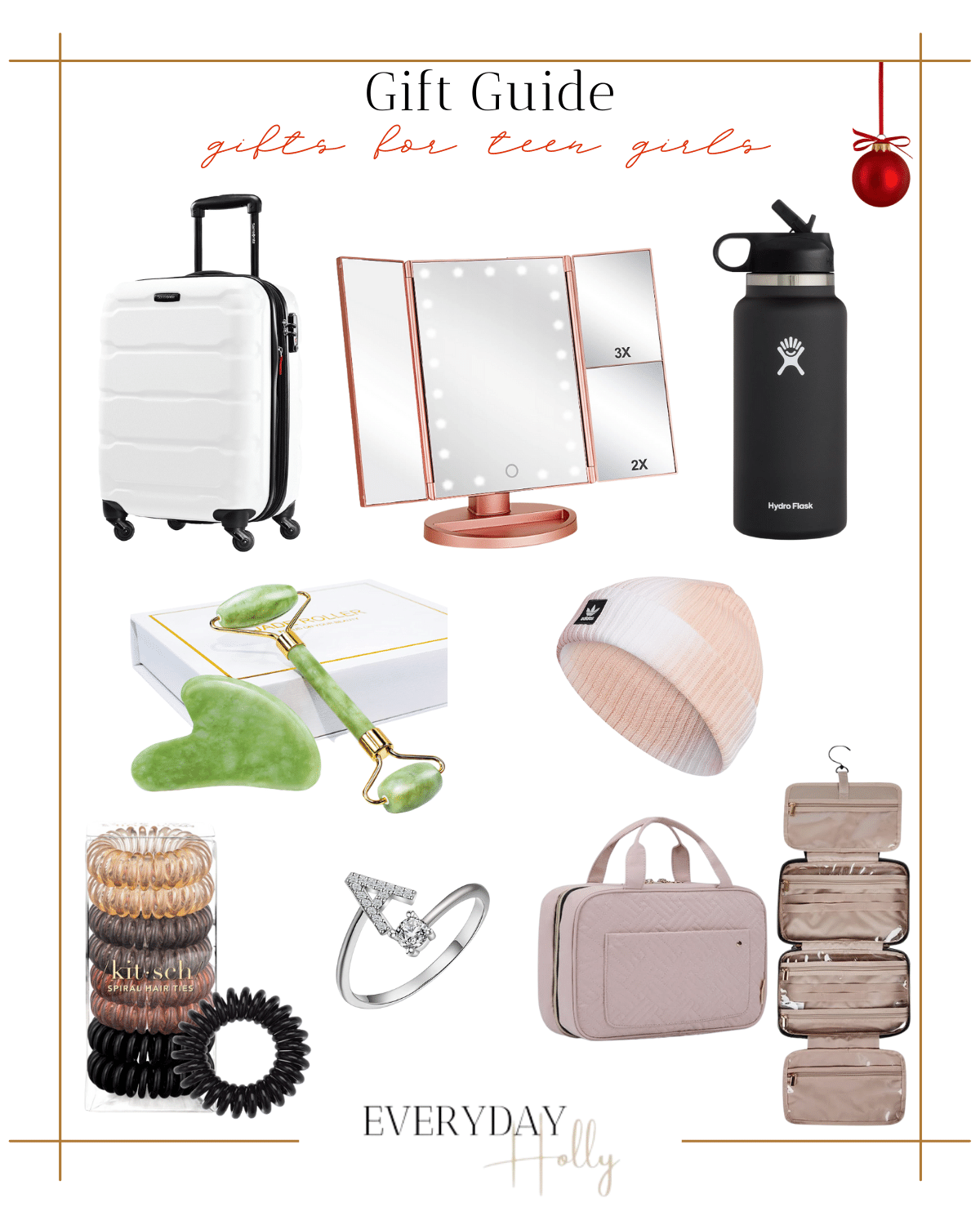 gifts for teen girls, christmas gift ideas, hardcase suitcase, makeup mirror, hydroflask, face roller & guasha, adidas beanie, hair ties, initial ring, travel makeup organizer 