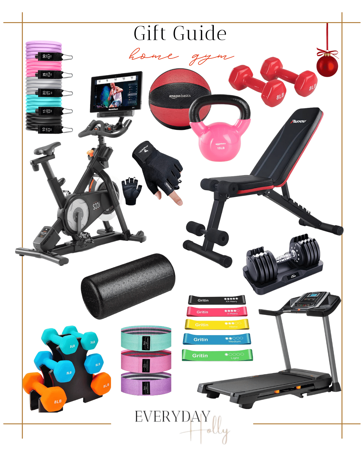 gift guides, home gym gifting ideas, christmas gifts, resistance bands, home bike, medicine ball, kettlebell, dumbbells, weight bench, foam roller, booty bands, treadmill
