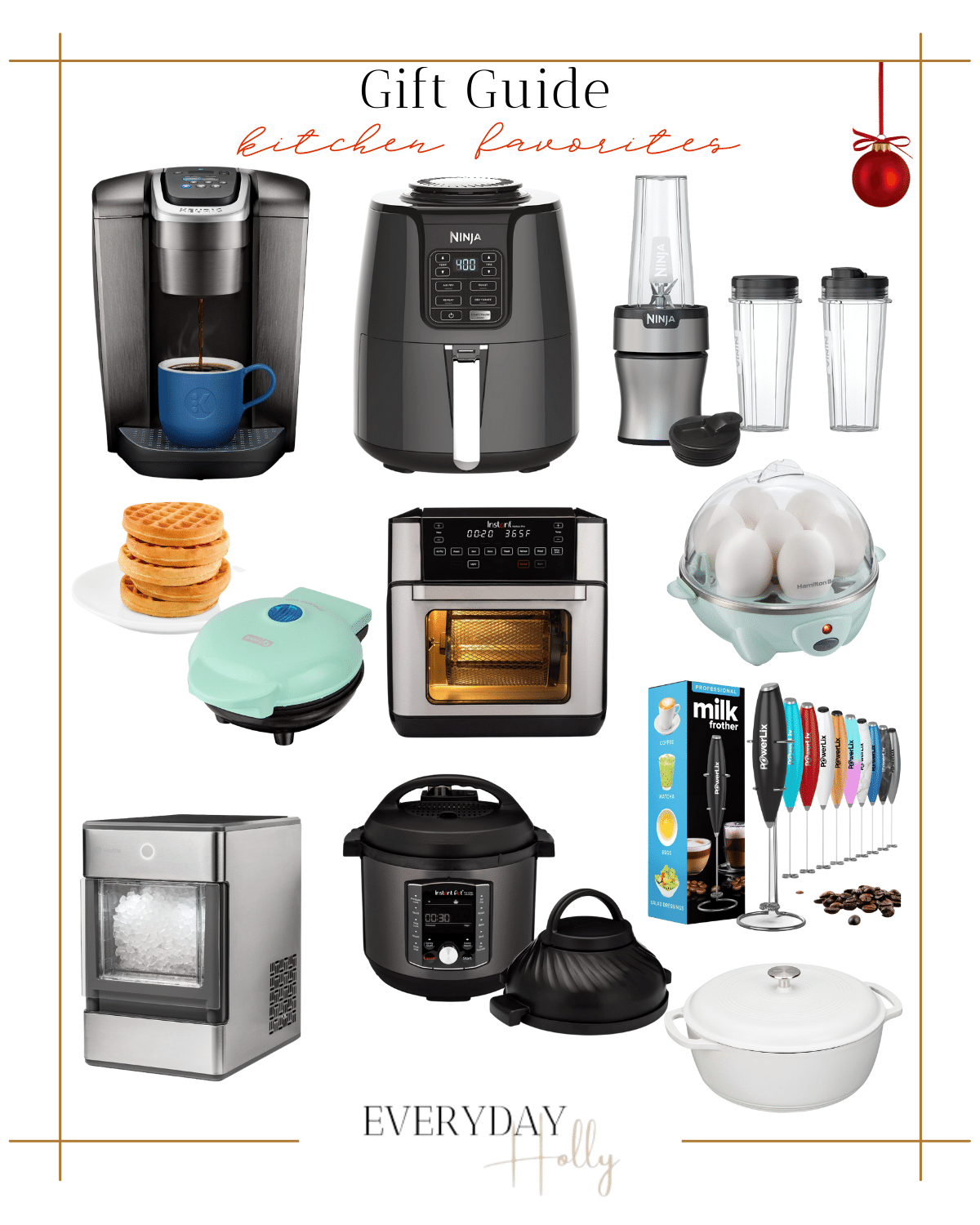 kitchen gifts, nespresso machine, air fryer, ninja blender, waffle maker, convection oven, egg cooker, ice maker, pressure cooker, milk frother, dutch oven 