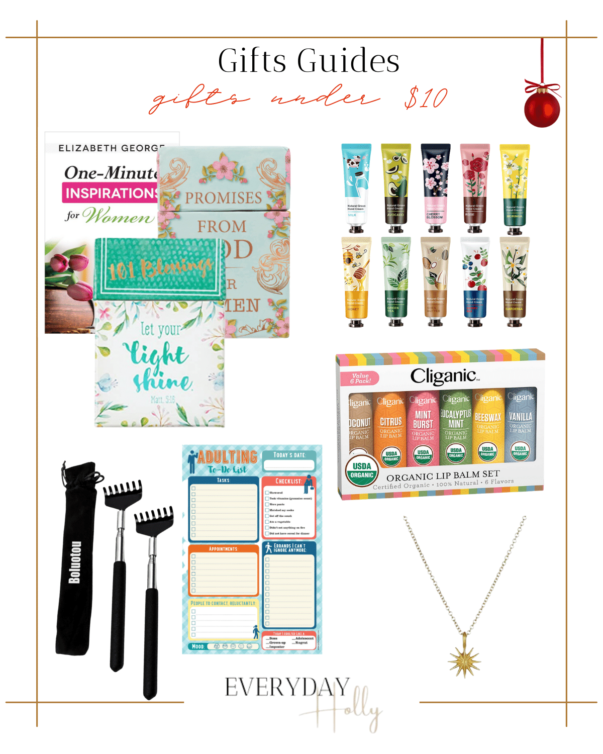 gifts under $10, gift guide for cheap, daily women devotionals, lotion kit, organic lip balm set, back scratcher, adulting to do list, necklace 