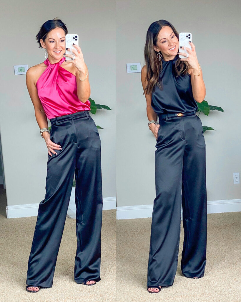 Holiday party outfits, office party, satin trousers, gold dress, puff sleeve top, halter neck blouse, Gibsonlook all black, black trousers, black pants