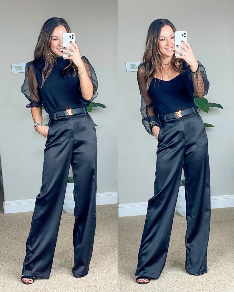 Holiday party outfits, office party, satin trousers, puff sleeve top, bodysuit, Gibsonlook all black, black trousers, black pants