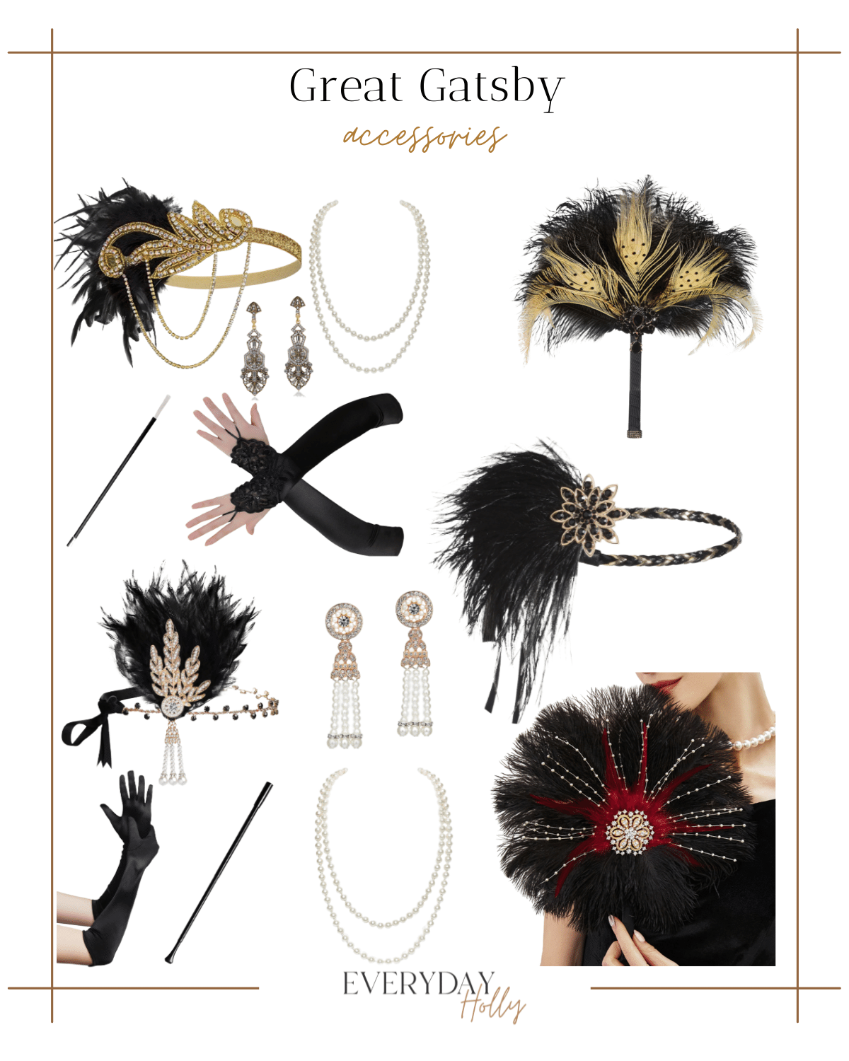 black and gold accessory set, black and gold feathered fan, black feathered headband, black and champagne accessory set, black and red feathered fan 