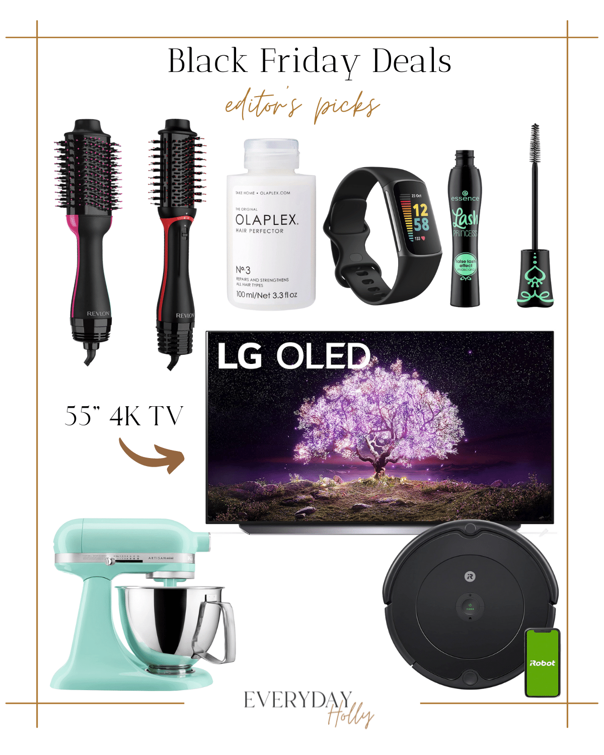 amazon black friday deals, revlon blow drying round brushes, olaplex no.3 hair treatment, fit bit, lash mascara, 55 inch 4K tv, kithcenaid mixer, roomba vacuum 