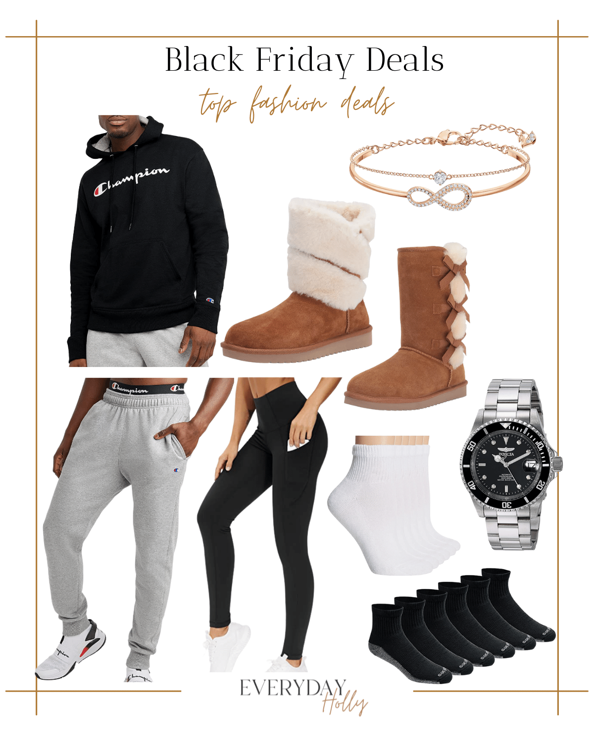 amazon black friday deals, champion sweatshirt, ugg boots with fur wrapped around top, ugg boot with bows down the side, champion sweatpants, black leggings with pocket, womens socks, invicta watch, mens socks 