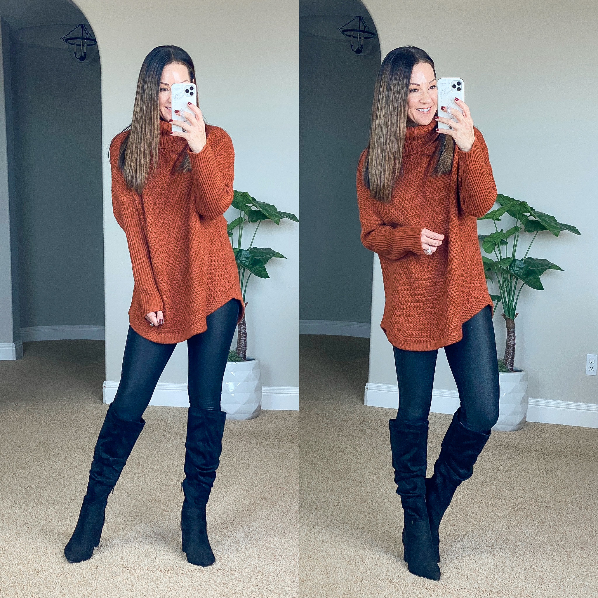 orange oversized sweater, faux leather leggings, black boots, november top 10, top 10 fashions