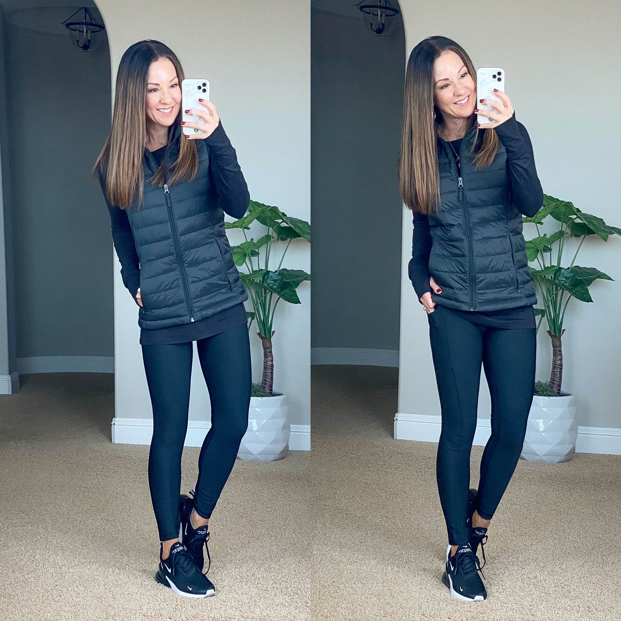 black workout long sleeve top, black puffer vest, leggings with pockets, leggings without pockets, black sneakers, top 10 fashion, november top 10 