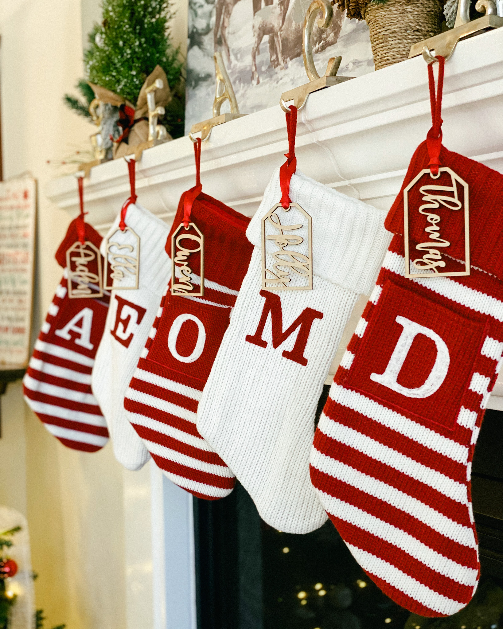 hollys stockings, home stockings, family stockings, red and cream striped stockings, cream stockings, name tags 