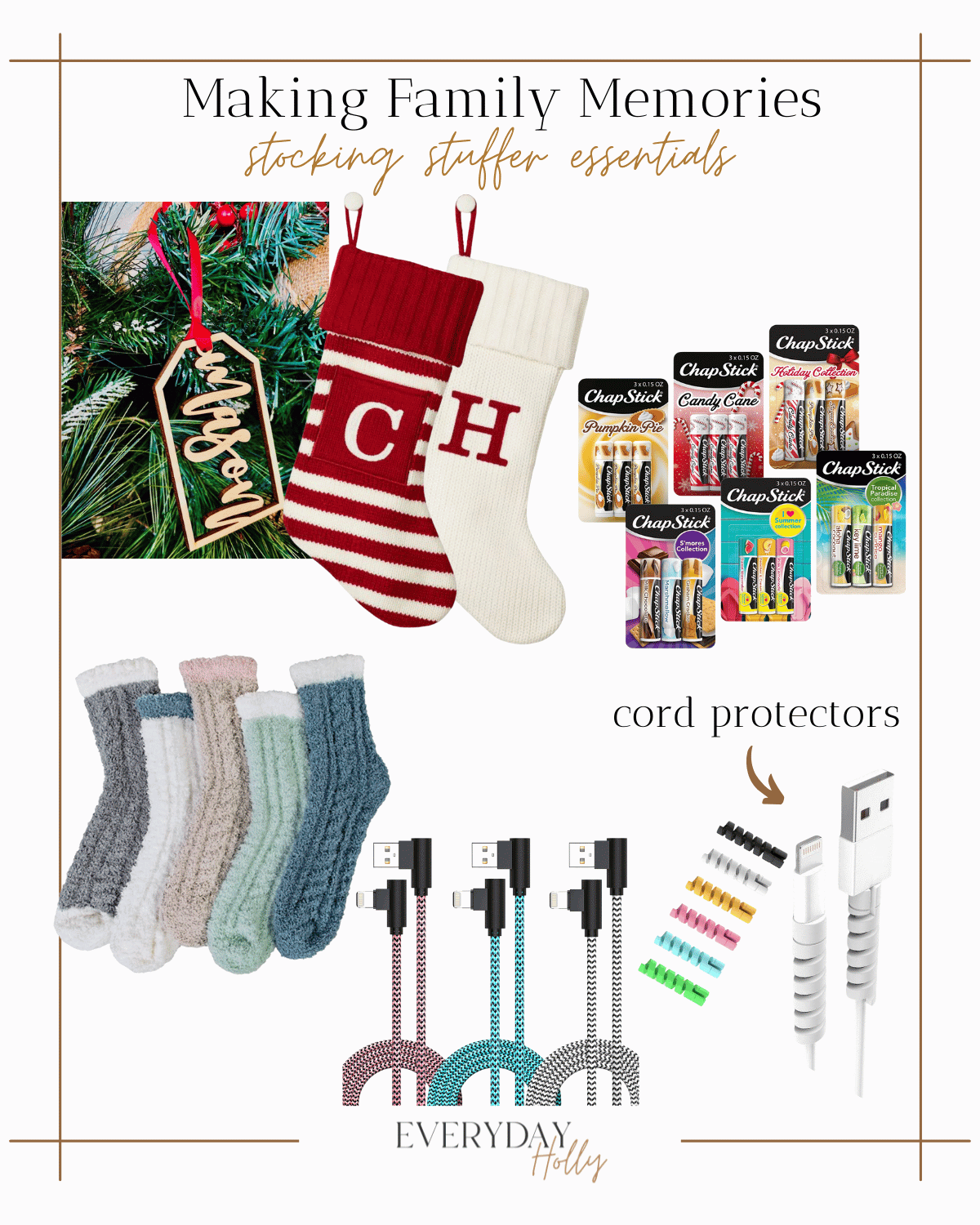 stocking stuffer essentials, family stockings, red and cream striped initial stockings, cream initial stockings, wooden name tag, holiday chapstick bundles, fuzzy socks, iphone cords, cord protectors 