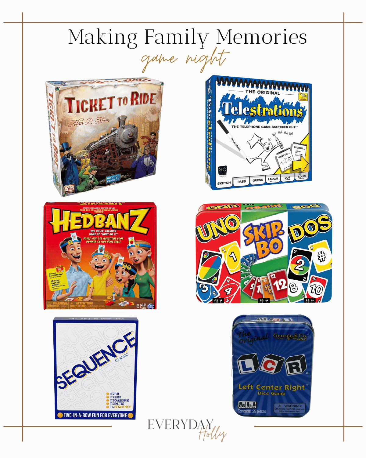 game night, family game night, ticket to ride game, telestrations game, hedbanz game, uno game pack, sequence game, left center right 