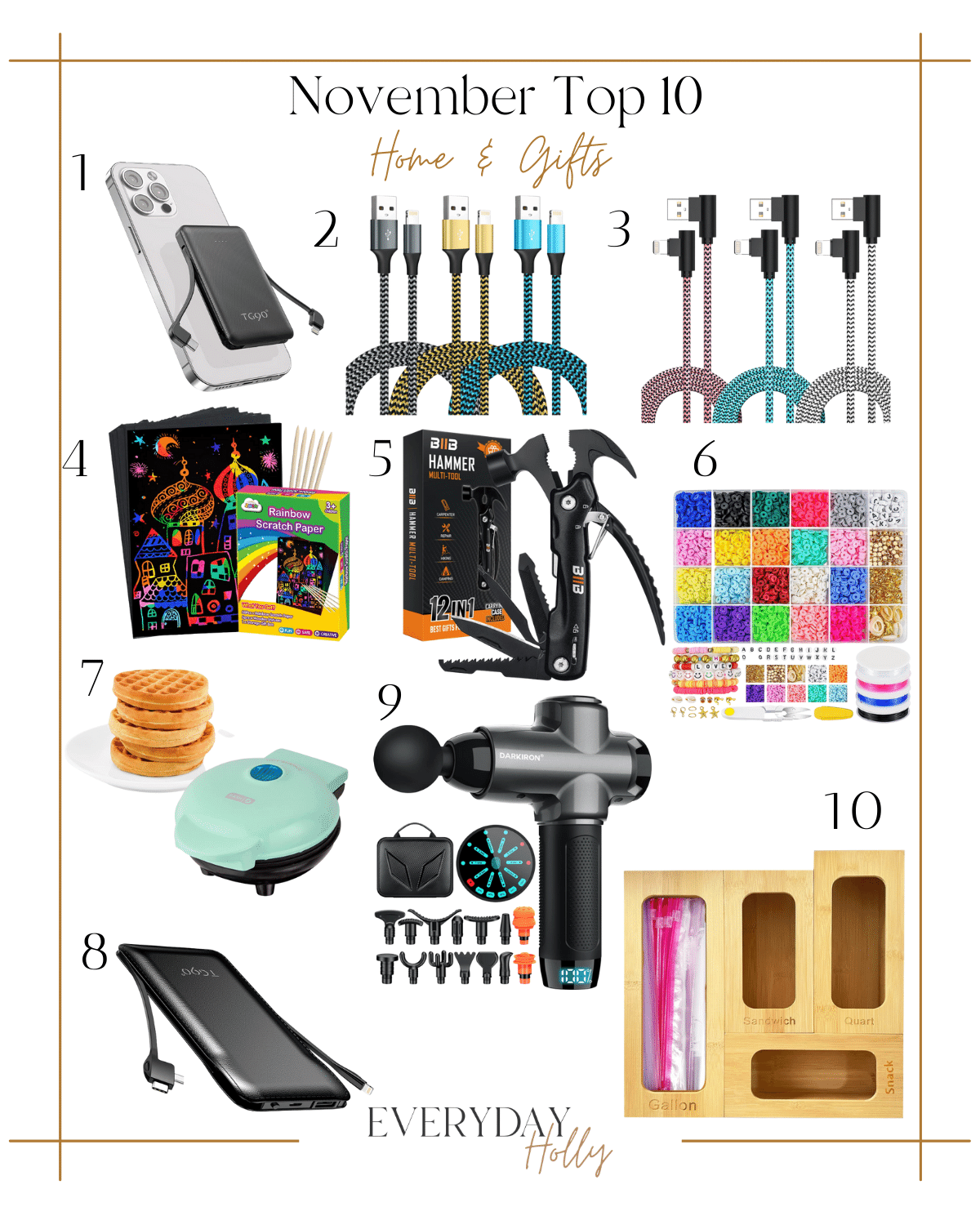 best sellers, top 10 november home items, portable chargers, packs of chargers, rainbow scratch paper, hammer tool kit, bracelet bead kit, waffle maker, massage gun, ziplock bag storage