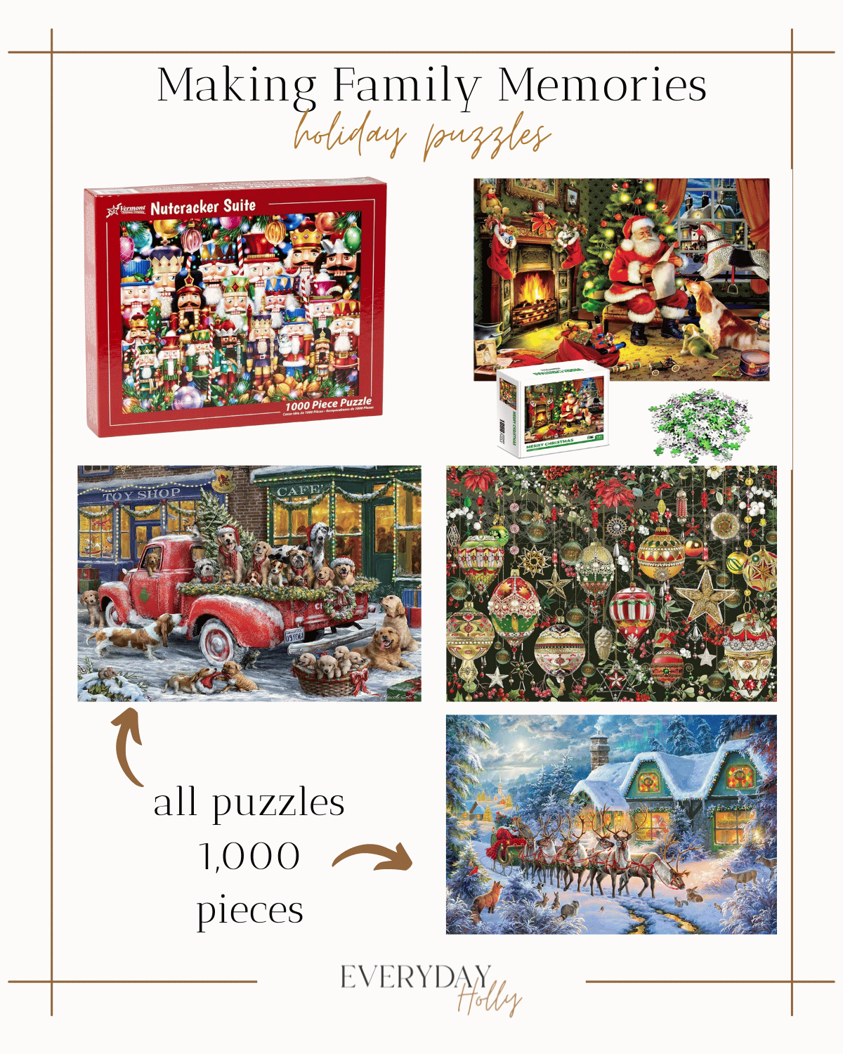 holiday puzzles, family puzzles, nutcracker puzzle, santa puzzle, truck with puppies puzzle, decorative ornament puzzle, reindeer puzzles