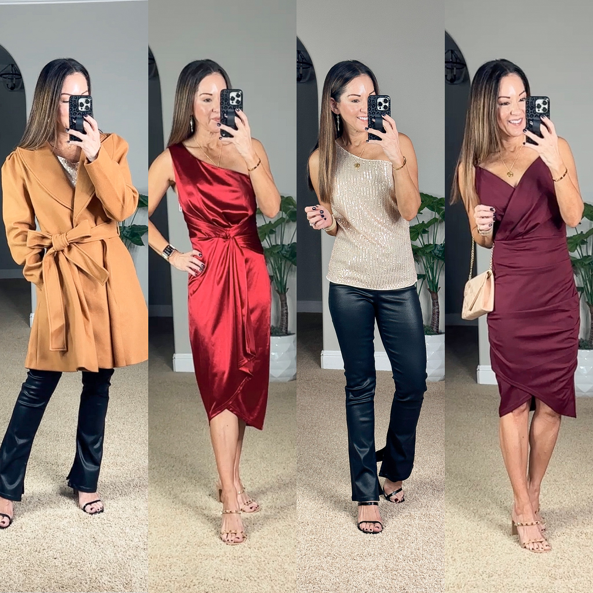 valentines day outfit inspo, tan trench coat, valentines day outfits, satin one shoulder dress, faux leather pants, sparkle one shoulder top, maroon wrap dress 