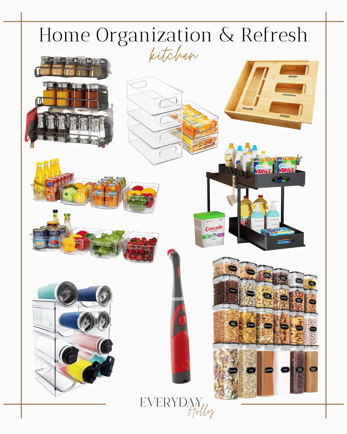 kitchen organization, home refresh, spice rack, acrylic fridge bins, ziplock bag organizer, fridge organizers, under the sink organizer, tumbler rack, pantry containers with labels, electric round cleaning brush 