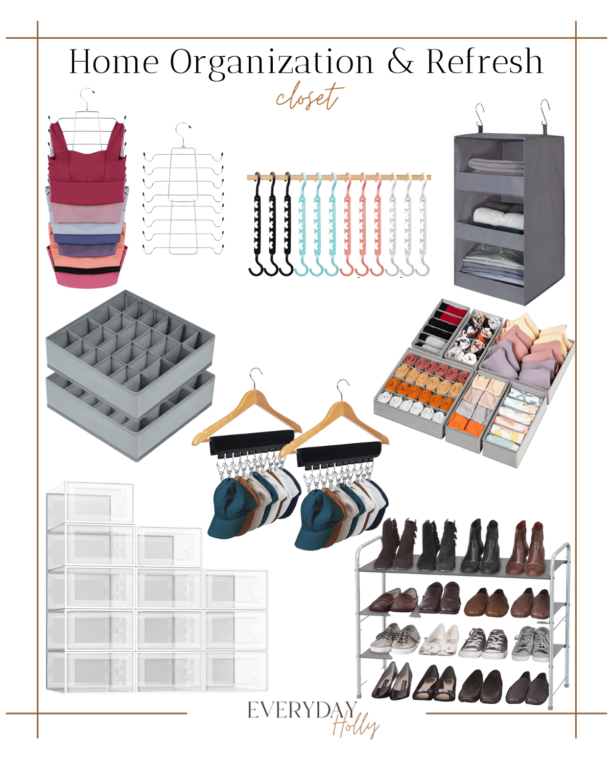closet organization, storage and closet refresh, multi-tiered hangers, drawer organizers, hat hanger, stackable shoe bins, shoe rack 