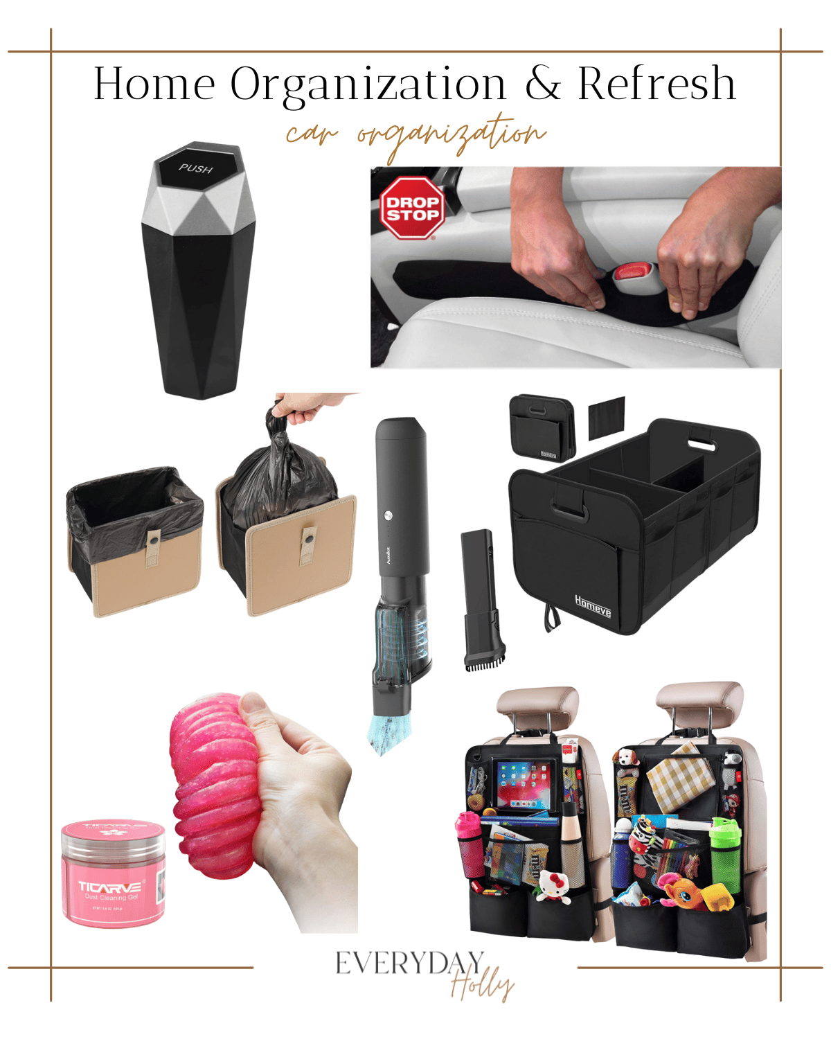 car organization, car storage, mini cupholder trash can, between the seat saver, mini trash bags, car vacuum, trunk storage, dash slime, behind the seat organizer 