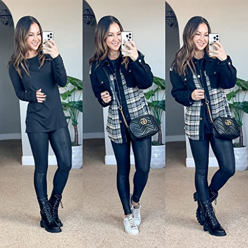 everyday fashion, top 10 fashions, january top 10 styles, faux leather leggings, black shacket, long sleeve athletic tee, boots, sneakers 