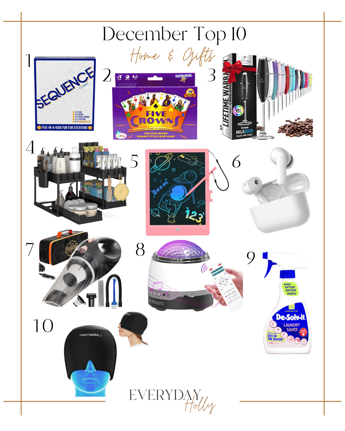 top 10 home items, sequence card game, five crowns game, milk frother, undersink organizer, kids drawing tablet, wireless headphones, car vacuum, led galaxy projector light, stain remover, migraine head wrap 