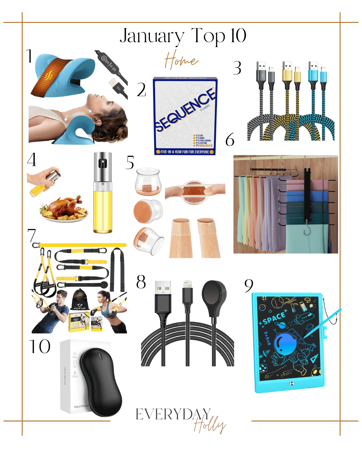 top 10 home items, january top home items, neck stretcher, sequence card game, iphone chargers, olive oil spray, chair leg protectors, hanging organizers, weight workout bands, multipurpose charger, kids drawing tablet, hand warmer 