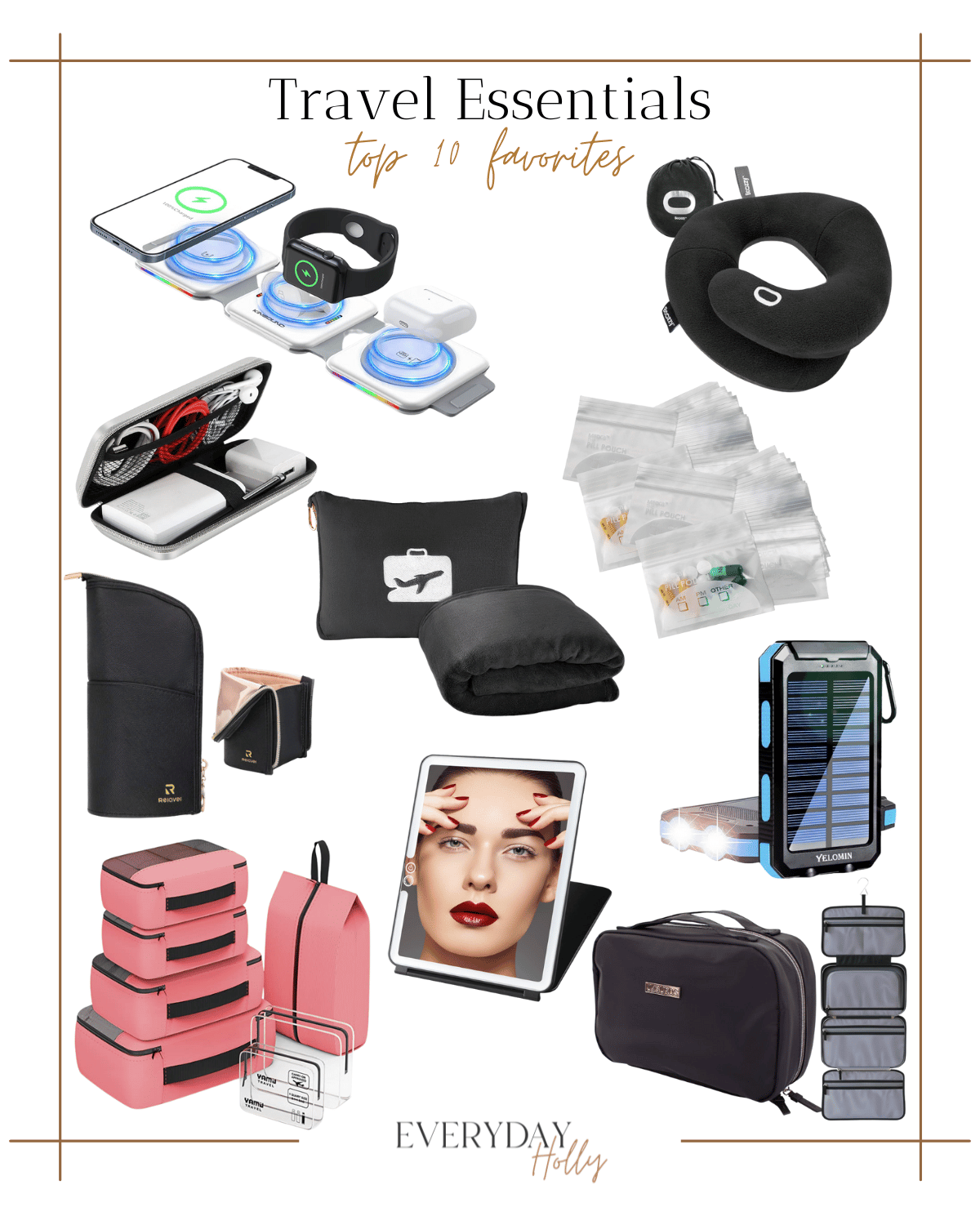 travel essentials, top 10 packing items, carry on, travel items, portable chargers, pillows and blankets, neck pillow, plane essentials, travel bag 