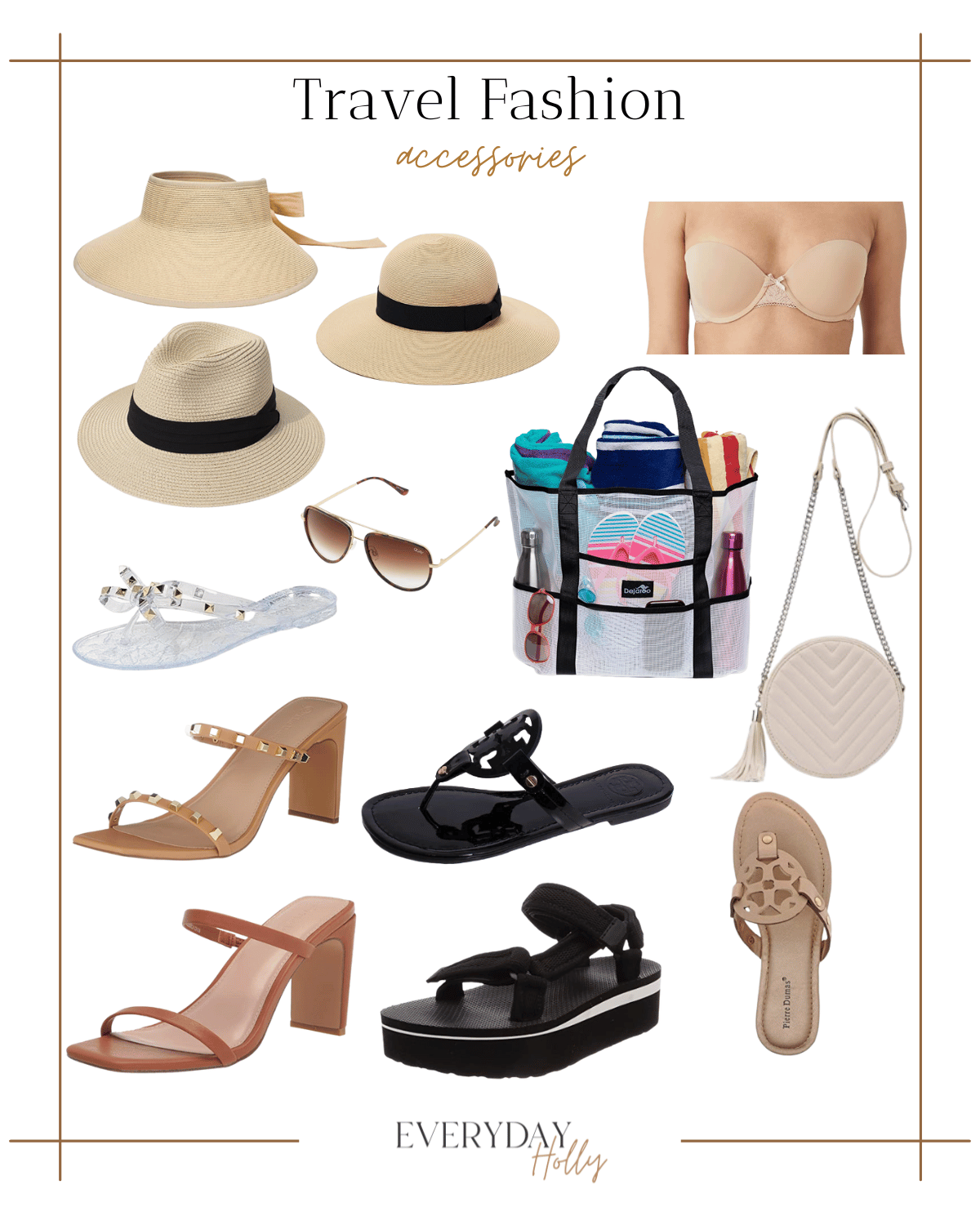 travel fashion, accessories, vacation essentials, sandals, heels, shoes, crossbody, beach bag, beach hats, strapless bra, sunglasses 