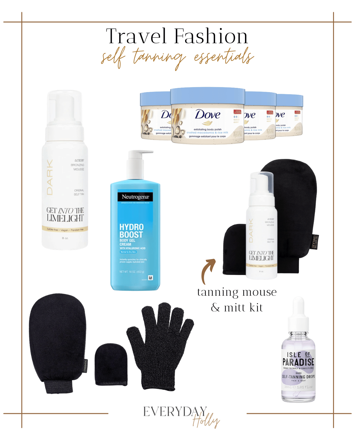 self tanning essentials, self tanner, body exfoliators, body scrub, lotion, tanning mitt, exfoliating mitt 